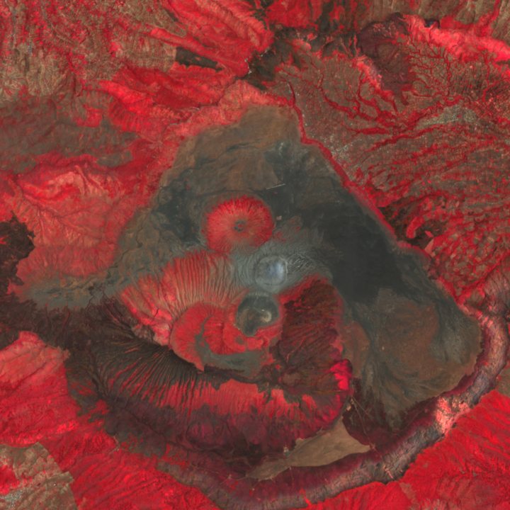 Mount Bromo caldera in false colour: vegetation shows bright red.